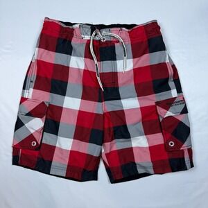 Free‎ Country Swim Trunks Mens Medium Red Plaid Aqua Tech Cargo Board Shorts